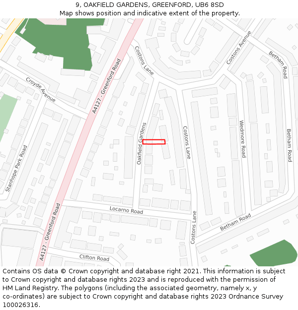 9, OAKFIELD GARDENS, GREENFORD, UB6 8SD: Location map and indicative extent of plot