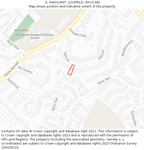 9, OAKHURST, LICHFIELD, WS14 9AJ: Location map and indicative extent of plot