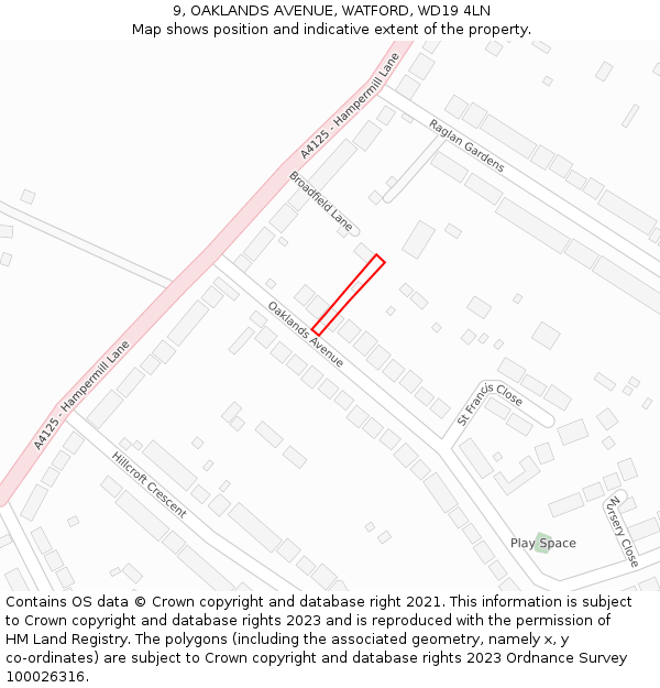 9, OAKLANDS AVENUE, WATFORD, WD19 4LN: Location map and indicative extent of plot