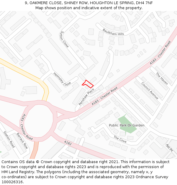 9, OAKMERE CLOSE, SHINEY ROW, HOUGHTON LE SPRING, DH4 7NF: Location map and indicative extent of plot