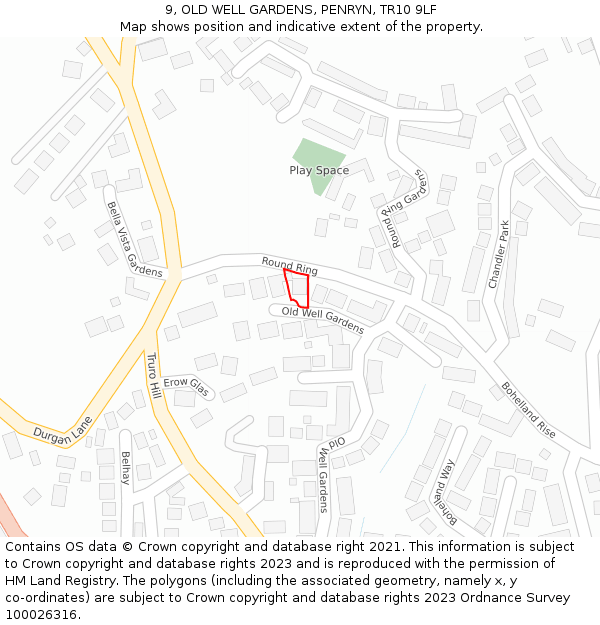 9, OLD WELL GARDENS, PENRYN, TR10 9LF: Location map and indicative extent of plot