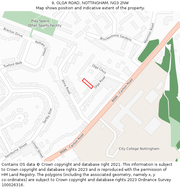 9, OLGA ROAD, NOTTINGHAM, NG3 2NW: Location map and indicative extent of plot