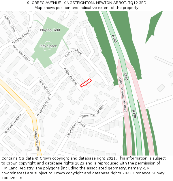 9, ORBEC AVENUE, KINGSTEIGNTON, NEWTON ABBOT, TQ12 3ED: Location map and indicative extent of plot