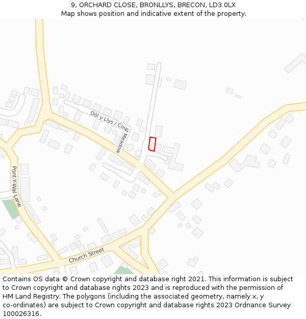 9, ORCHARD CLOSE, BRONLLYS, BRECON, LD3 0LX: Location map and indicative extent of plot