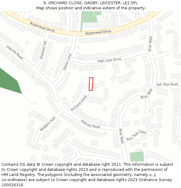 9, ORCHARD CLOSE, OADBY, LEICESTER, LE2 5PL: Location map and indicative extent of plot
