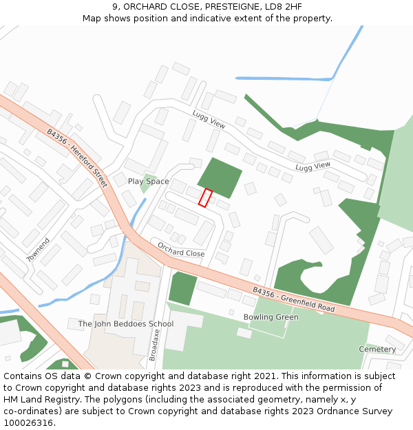 9, ORCHARD CLOSE, PRESTEIGNE, LD8 2HF: Location map and indicative extent of plot