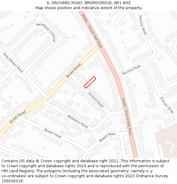 9, ORCHARD ROAD, BROMSGROVE, B61 8HZ: Location map and indicative extent of plot