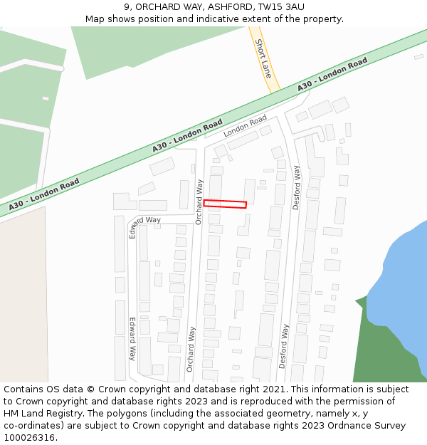 9, ORCHARD WAY, ASHFORD, TW15 3AU: Location map and indicative extent of plot