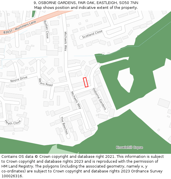 9, OSBORNE GARDENS, FAIR OAK, EASTLEIGH, SO50 7NN: Location map and indicative extent of plot