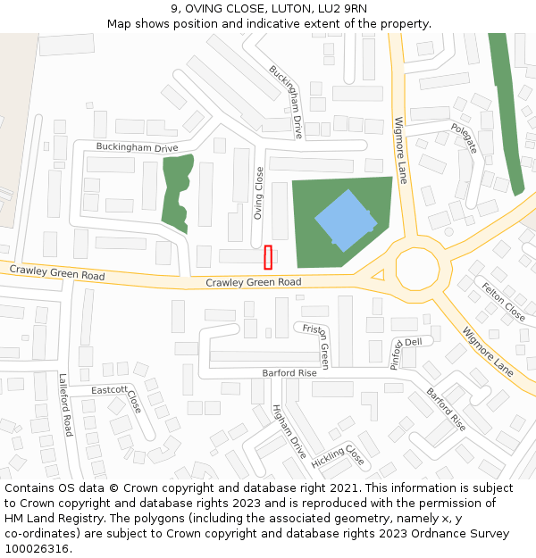 9, OVING CLOSE, LUTON, LU2 9RN: Location map and indicative extent of plot