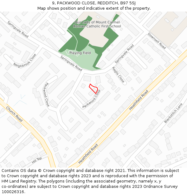 9, PACKWOOD CLOSE, REDDITCH, B97 5SJ: Location map and indicative extent of plot