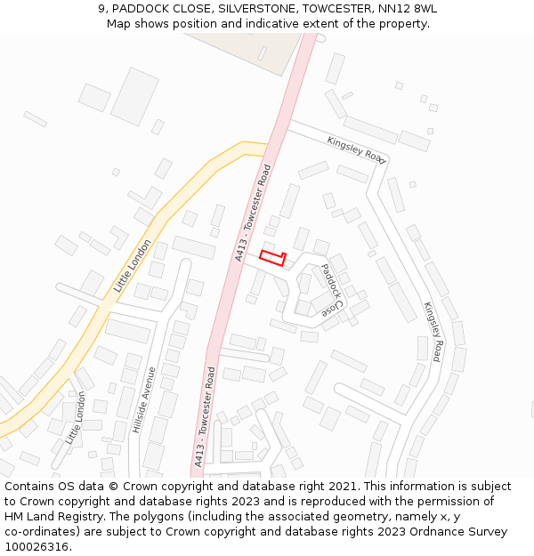 9, PADDOCK CLOSE, SILVERSTONE, TOWCESTER, NN12 8WL: Location map and indicative extent of plot