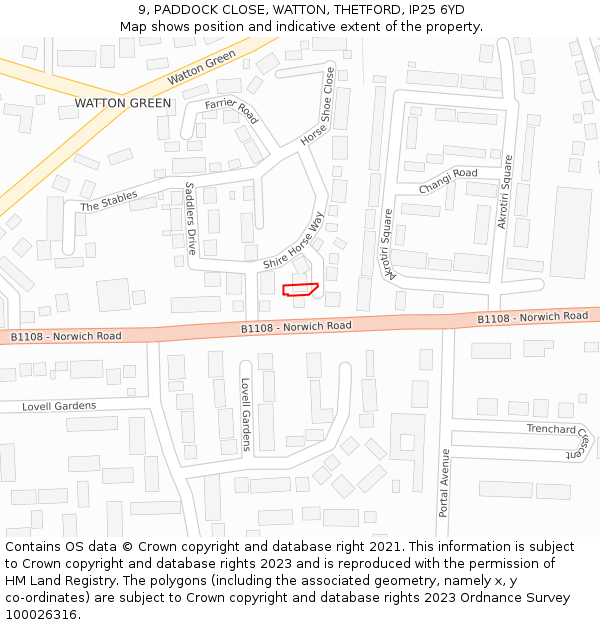 9, PADDOCK CLOSE, WATTON, THETFORD, IP25 6YD: Location map and indicative extent of plot