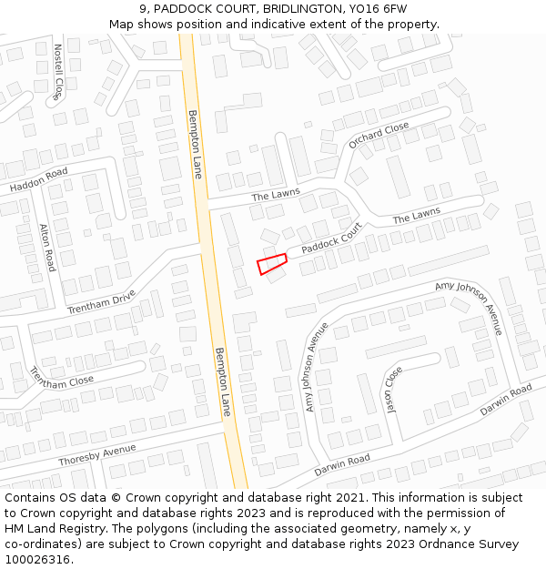 9, PADDOCK COURT, BRIDLINGTON, YO16 6FW: Location map and indicative extent of plot