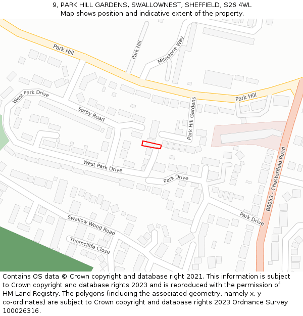 9, PARK HILL GARDENS, SWALLOWNEST, SHEFFIELD, S26 4WL: Location map and indicative extent of plot