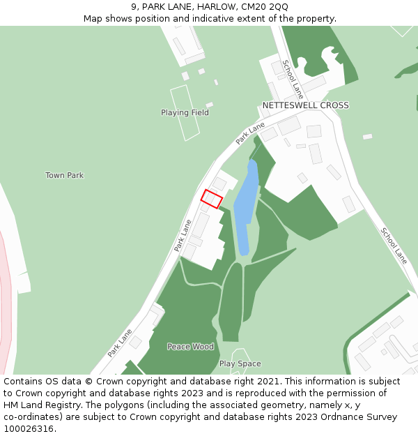 9, PARK LANE, HARLOW, CM20 2QQ: Location map and indicative extent of plot