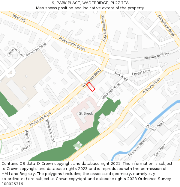 9, PARK PLACE, WADEBRIDGE, PL27 7EA: Location map and indicative extent of plot