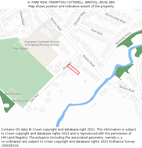 9, PARK ROW, FRAMPTON COTTERELL, BRISTOL, BS36 2BS: Location map and indicative extent of plot