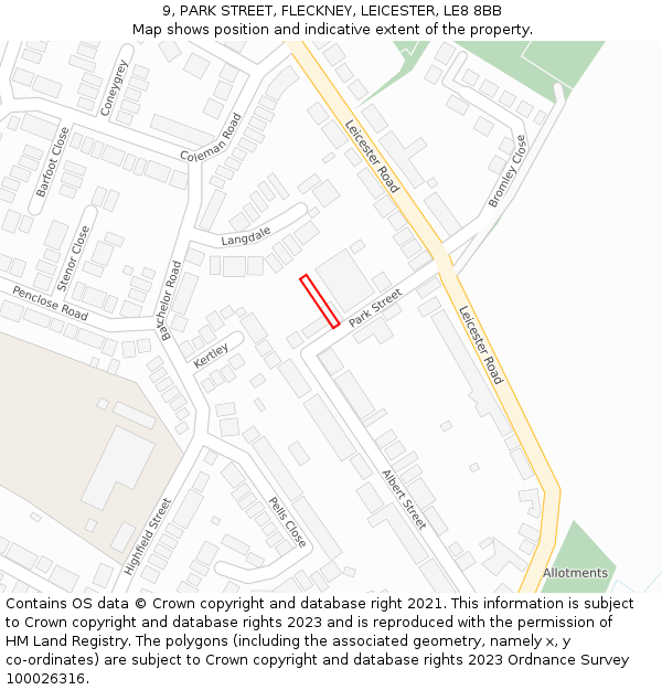 9, PARK STREET, FLECKNEY, LEICESTER, LE8 8BB: Location map and indicative extent of plot