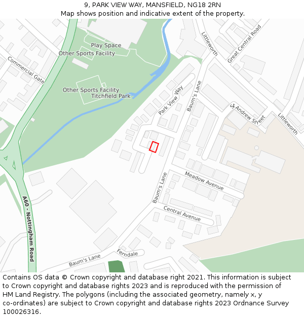9, PARK VIEW WAY, MANSFIELD, NG18 2RN: Location map and indicative extent of plot