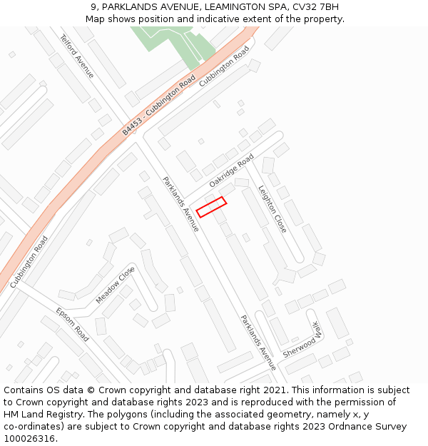 9, PARKLANDS AVENUE, LEAMINGTON SPA, CV32 7BH: Location map and indicative extent of plot