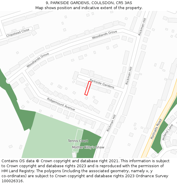 9, PARKSIDE GARDENS, COULSDON, CR5 3AS: Location map and indicative extent of plot