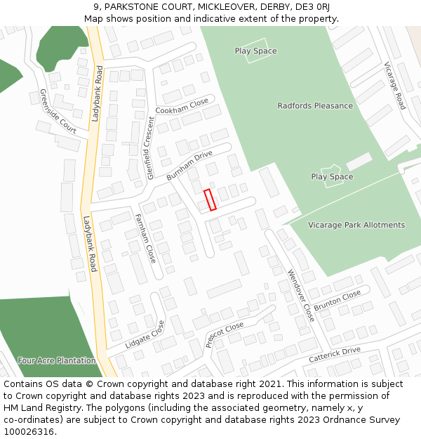 9, PARKSTONE COURT, MICKLEOVER, DERBY, DE3 0RJ: Location map and indicative extent of plot