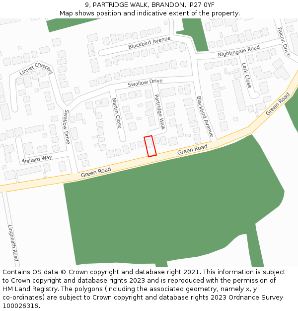 9, PARTRIDGE WALK, BRANDON, IP27 0YF: Location map and indicative extent of plot