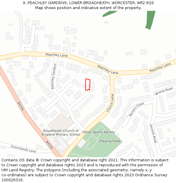 9, PEACHLEY GARDENS, LOWER BROADHEATH, WORCESTER, WR2 6QS: Location map and indicative extent of plot