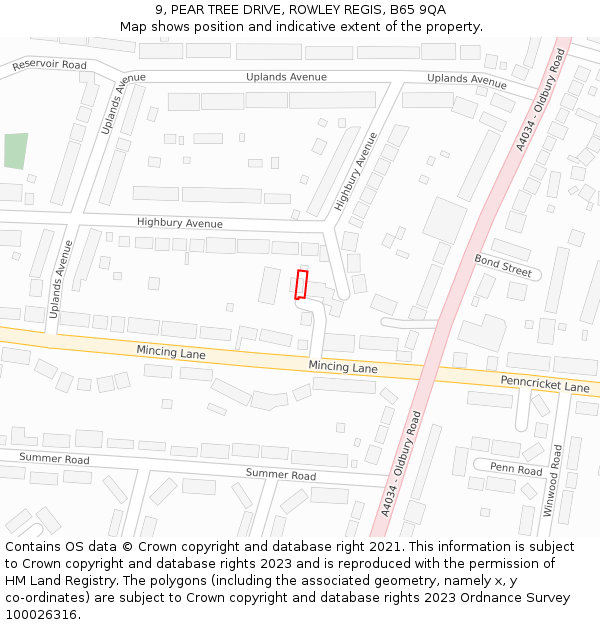 9, PEAR TREE DRIVE, ROWLEY REGIS, B65 9QA: Location map and indicative extent of plot