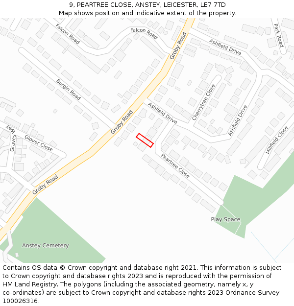 9, PEARTREE CLOSE, ANSTEY, LEICESTER, LE7 7TD: Location map and indicative extent of plot