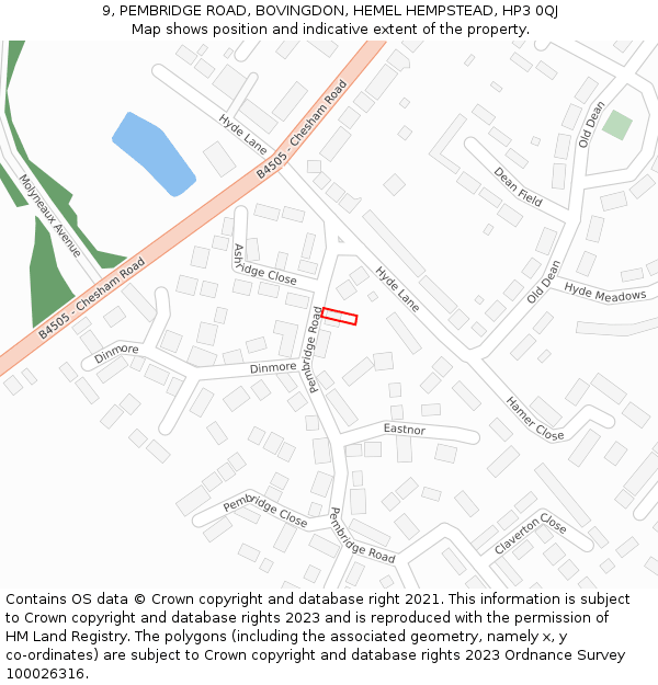 9, PEMBRIDGE ROAD, BOVINGDON, HEMEL HEMPSTEAD, HP3 0QJ: Location map and indicative extent of plot