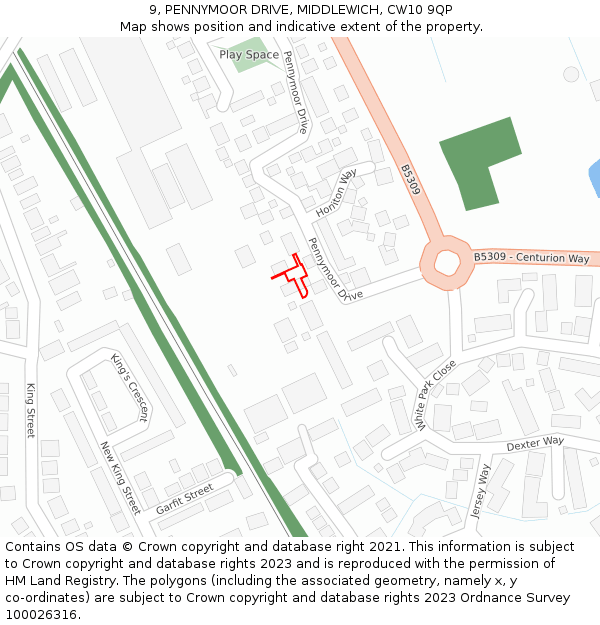 9, PENNYMOOR DRIVE, MIDDLEWICH, CW10 9QP: Location map and indicative extent of plot