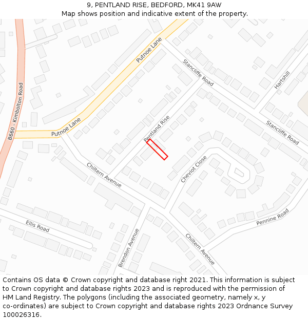 9, PENTLAND RISE, BEDFORD, MK41 9AW: Location map and indicative extent of plot