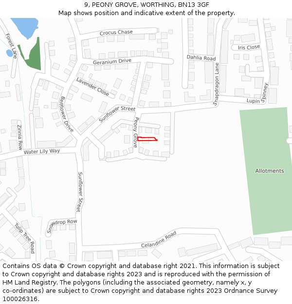 9, PEONY GROVE, WORTHING, BN13 3GF: Location map and indicative extent of plot