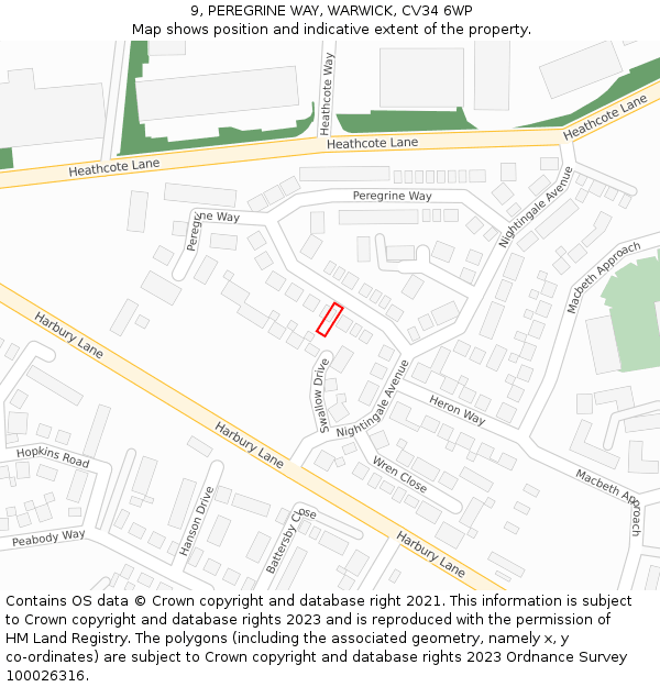 9, PEREGRINE WAY, WARWICK, CV34 6WP: Location map and indicative extent of plot