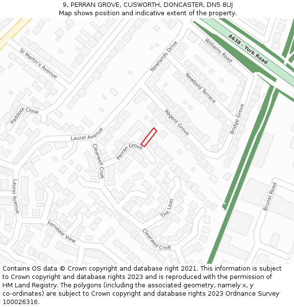 9, PERRAN GROVE, CUSWORTH, DONCASTER, DN5 8UJ: Location map and indicative extent of plot
