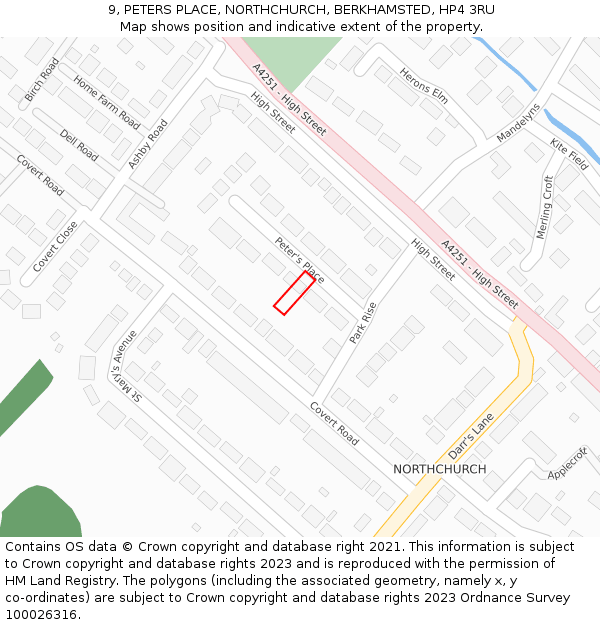 9, PETERS PLACE, NORTHCHURCH, BERKHAMSTED, HP4 3RU: Location map and indicative extent of plot