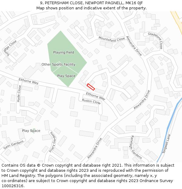 9, PETERSHAM CLOSE, NEWPORT PAGNELL, MK16 0JF: Location map and indicative extent of plot