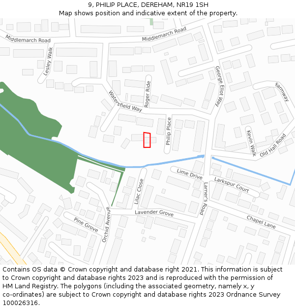 9, PHILIP PLACE, DEREHAM, NR19 1SH: Location map and indicative extent of plot