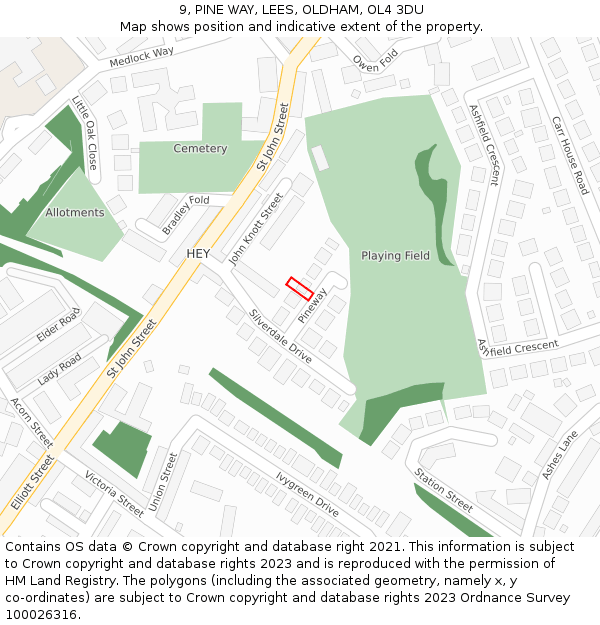 9, PINE WAY, LEES, OLDHAM, OL4 3DU: Location map and indicative extent of plot