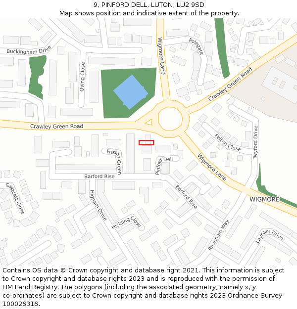 9, PINFORD DELL, LUTON, LU2 9SD: Location map and indicative extent of plot