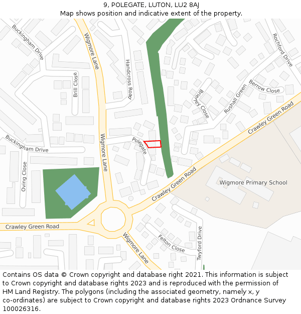 9, POLEGATE, LUTON, LU2 8AJ: Location map and indicative extent of plot