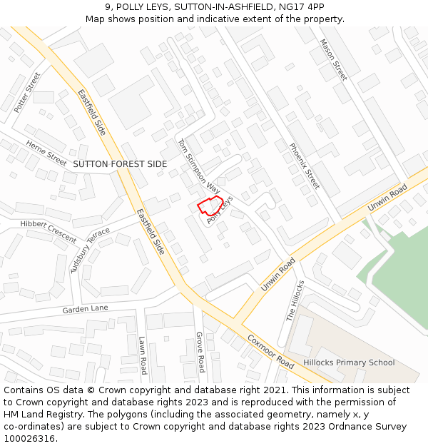 9, POLLY LEYS, SUTTON-IN-ASHFIELD, NG17 4PP: Location map and indicative extent of plot