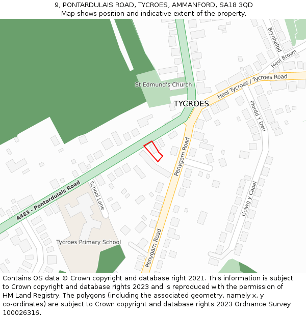 9, PONTARDULAIS ROAD, TYCROES, AMMANFORD, SA18 3QD: Location map and indicative extent of plot