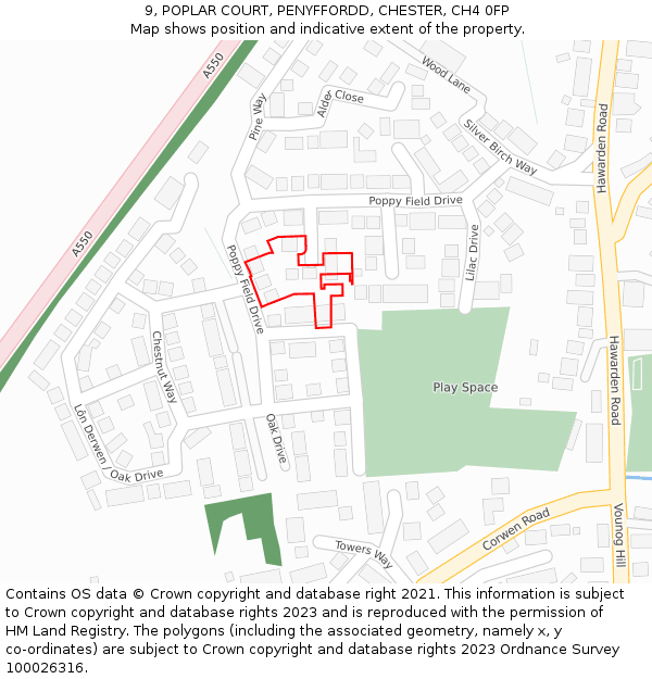 9, POPLAR COURT, PENYFFORDD, CHESTER, CH4 0FP: Location map and indicative extent of plot