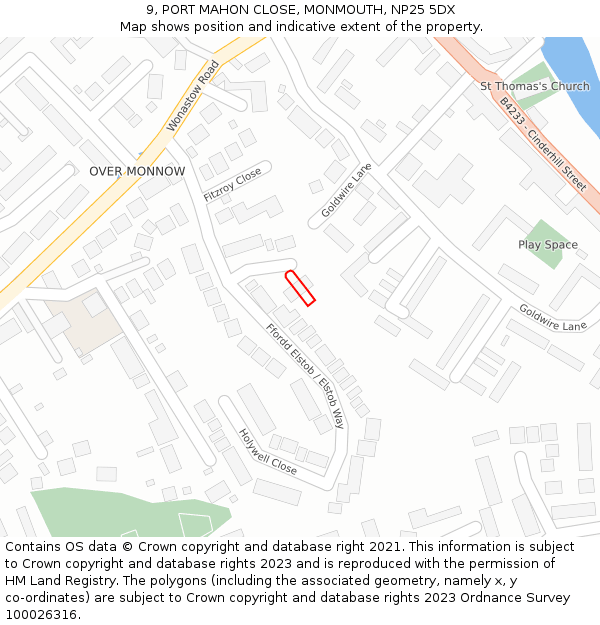 9, PORT MAHON CLOSE, MONMOUTH, NP25 5DX: Location map and indicative extent of plot