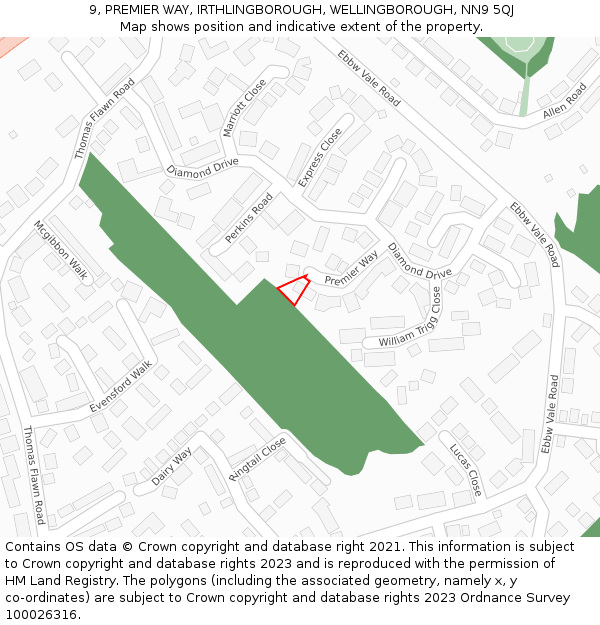 9, PREMIER WAY, IRTHLINGBOROUGH, WELLINGBOROUGH, NN9 5QJ: Location map and indicative extent of plot