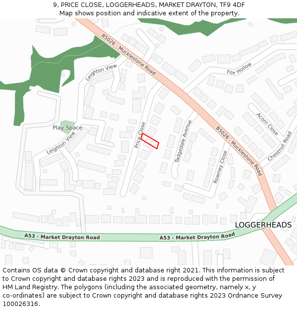 9, PRICE CLOSE, LOGGERHEADS, MARKET DRAYTON, TF9 4DF: Location map and indicative extent of plot