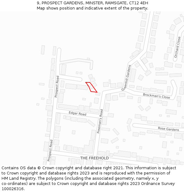 9, PROSPECT GARDENS, MINSTER, RAMSGATE, CT12 4EH: Location map and indicative extent of plot